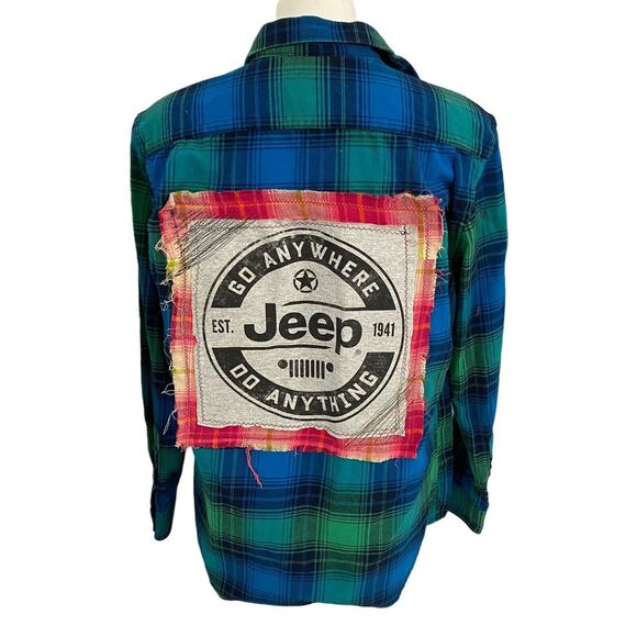 Upcycled Flannel Shirt Womens Medium Shacket Jeep Green Plaid Mechanic Off Road - Picture 9 of 16
